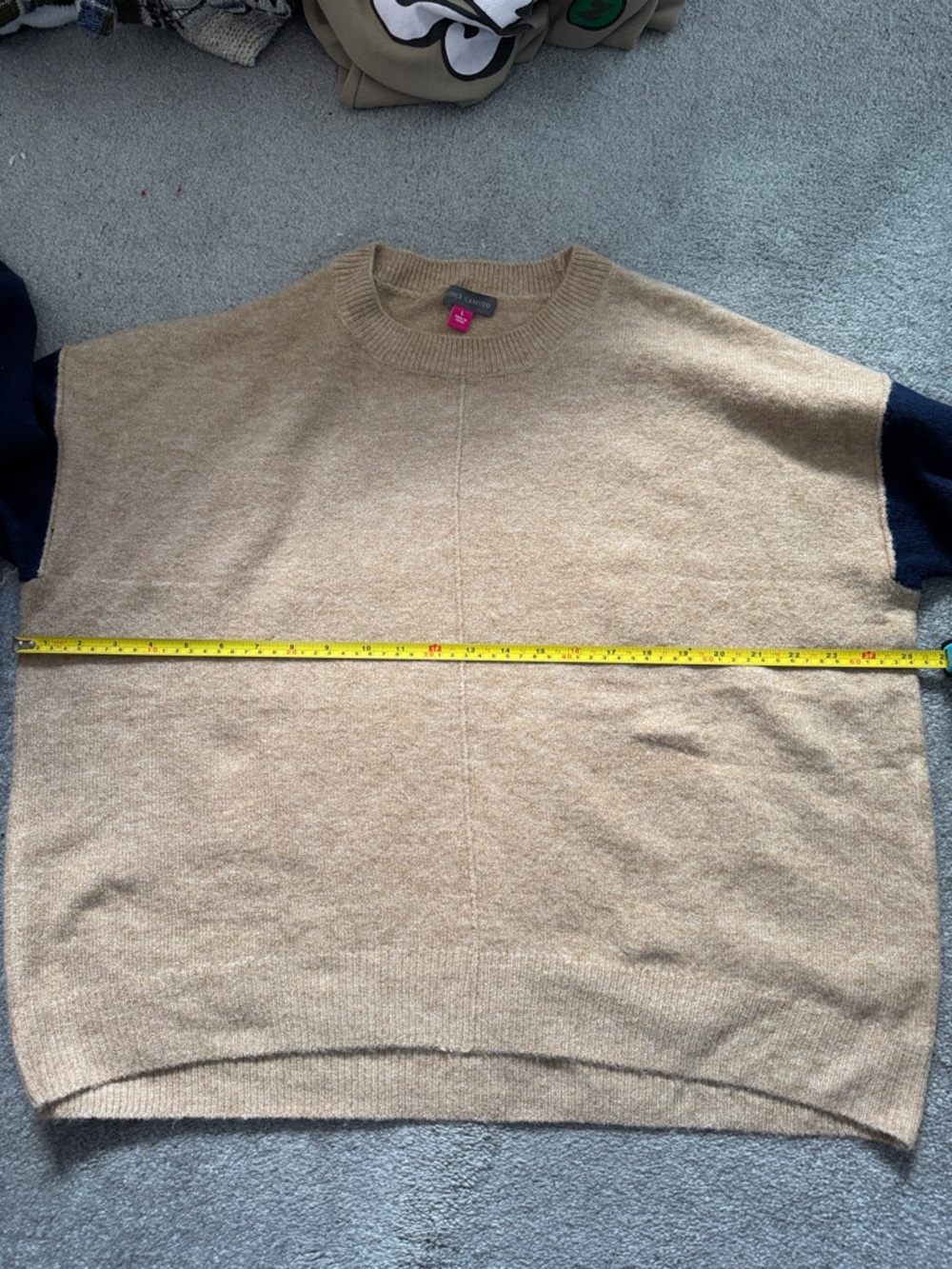 Vince Camuto Two-Tone Camel and Navy Crewneck Sweater - Picture 4 of 5